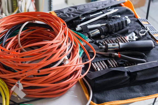 Carrete Cable Fibra Óptica Con Herramientas Administrador — Foto de Stock