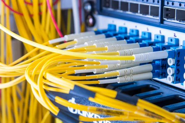 stock image fiber optic cables plugged in network switch panel inside data center