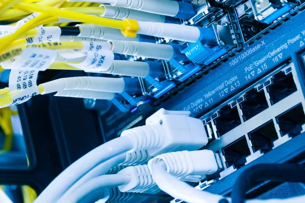 Szczegóły Dotyczące Serwera Kablami Łatkowymi Podłączonymi Portów Ethernet — Zdjęcie stockowe