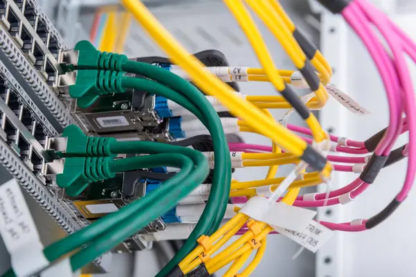 fiber optic cables connected to optic ports, network cables connected to ethernet ports