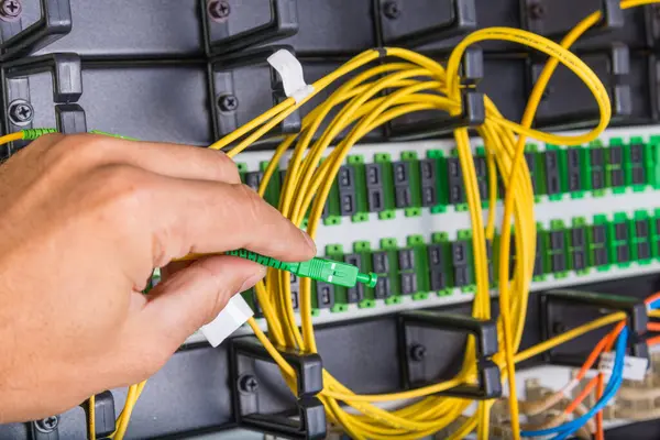 closeup of hand of administrator connecting network cable into switch