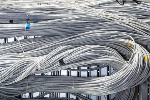 Detalj Ett Stort Antal Ethernet Kablar Sammanbundna Anslutande Rack Inuti — Stockfoto