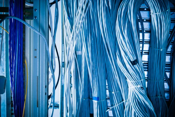 Dettaglio Gran Numero Cavi Ethernet Collegati Tra Loro Collegando Rack Foto Stock Royalty Free