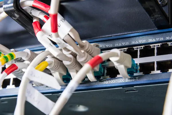 Backside Server Rack Patch Cable Connected Switch Panel — Stock Photo, Image