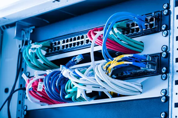 Colorful Patch Cables Connected Switch High Speed Internet Concept — Stock Photo, Image