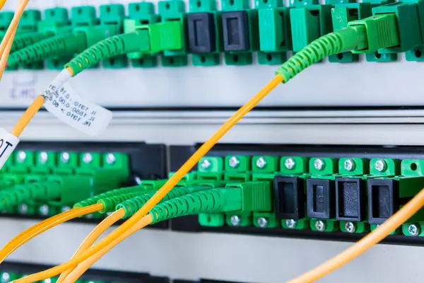 Glasfaserkabel Netzwerk Switch Panel Rechenzentrum Eingesteckt lizenzfreie Stockbilder