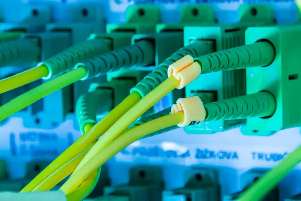 Kable Światłowodowe Podłączone Panelu Przełączników Sieciowych Wewnątrz Centrum Danych Obraz Stockowy