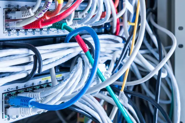 Různé Ethernetové Kabely Zapojené Síťového Spínače Stock Snímky
