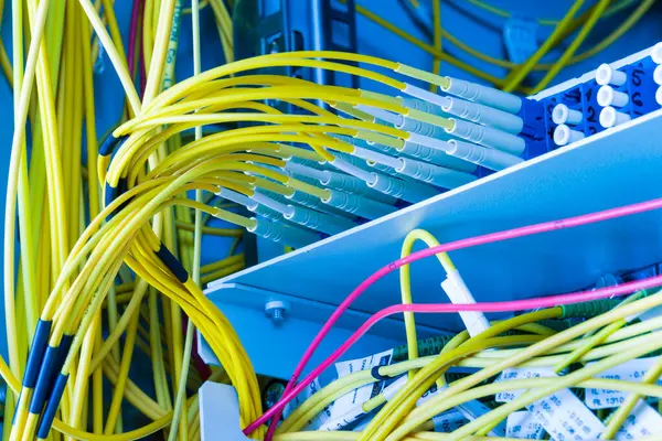 Hálózati Kapcsolótáblába Csatlakoztatott Optikai Kábelek Adatközpont Belsejében Stock Kép