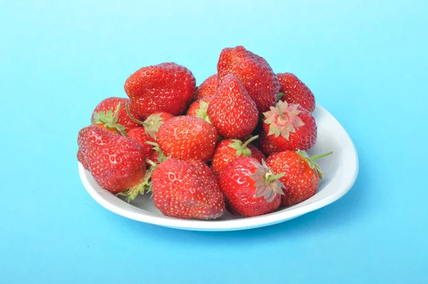 Strawberries Plate Blue Background — Photo