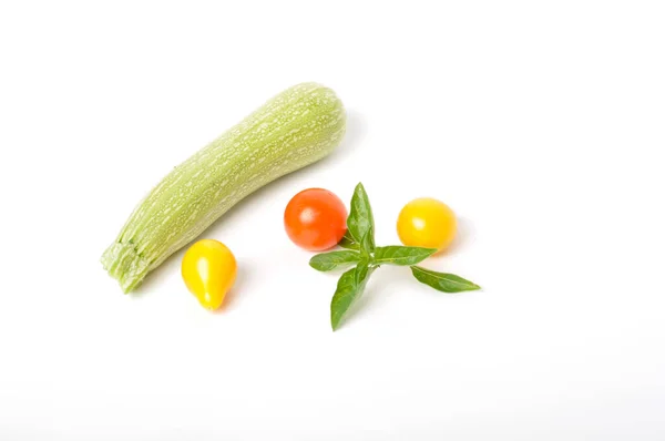 Basil Tomatoes Zucchini White Background — Photo