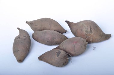 Beyaz arkaplanda Yacon kökleri