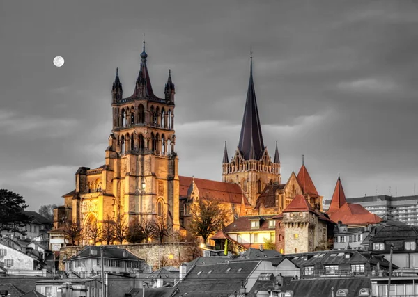 Kathedrale Notre Dame Von Lausanne Und Brücke Schweiz Hdr — Stockfoto