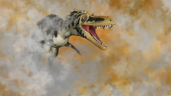 Alioramus Dinozoru Renkli Sis Arka Planında Kükrüyor Görüntüleme — Stok fotoğraf