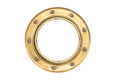 yuvarlak altın pirinç tekne porthole pencere üzerinde beyaz izole