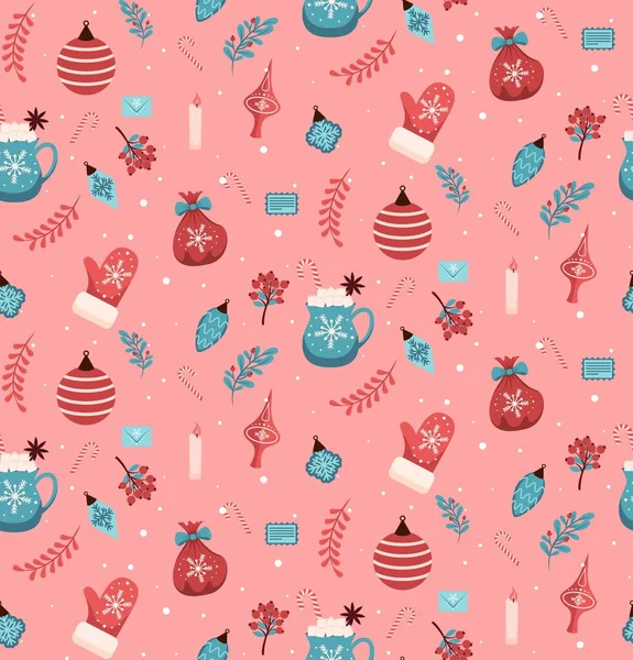 Симпатичный Бесшовный Узор Элементами Рождества Иллюстрация Оформления Векторных Изображений Счастливого — стоковый вектор