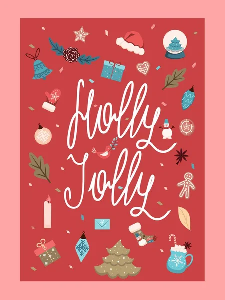 Tarjeta Navidad Año Nuevo Holly Jolly Ilustración Está Decorada Con — Vector de stock