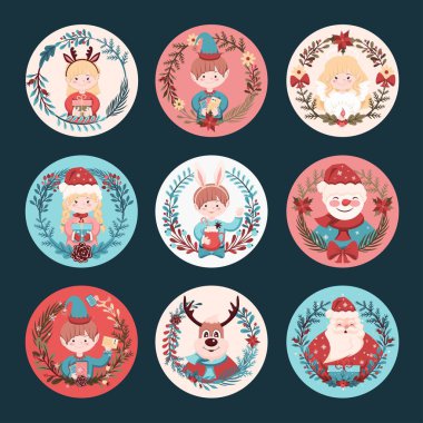 Dalları ve çiçekleri olan bir dizi Noel amblemi. Noel karakterleri ve yazılar. Tabak, kart, mektup, kartpostal tasarımı için şölen seti.