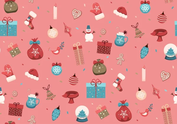 Christmas Seamless Pattern Festive Elements Christmas Toys Decorations Birds Gifts — ストックベクタ