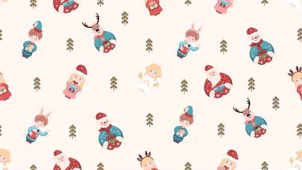 Christmas Seamless Pattern Festive Characters Santa Claus Reindeer Snowman Kids —  Vetores de Stock