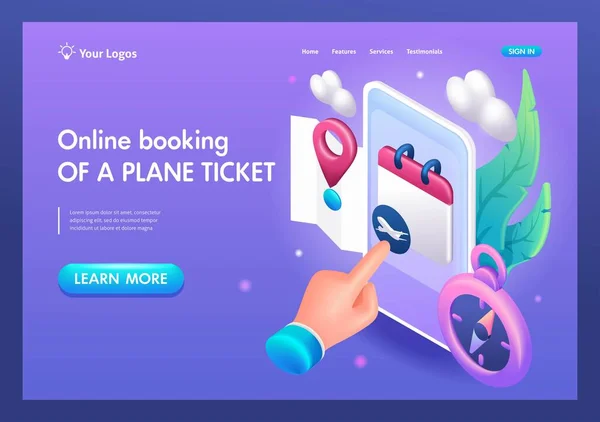 Isometric Cartoon Online Booking Plane Ticket Choosing Date Time Flight — Stock Vector