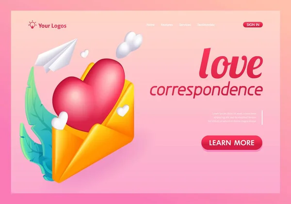 Isometrico Cartone Animato Corrispondenza Amore Email Aperta Con Grande Cuore — Vettoriale Stock
