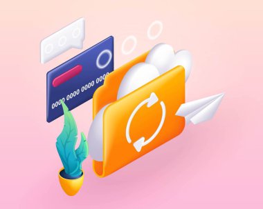 Moda 3D Isometric, karikatür çizimi. Dijital dosya organizasyonu ve veri transfer uygulaması. Bulut depolama ikonu. Web sitesi için vektör simgeleri.