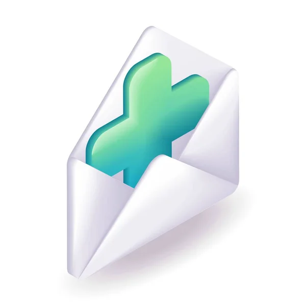 Isometric Icon White Envelope Green Medical Cross Cartoon Minimal Style — Stock Vector