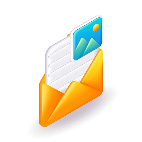 添付文書とイラスト付きの電子メールのアイソメトリック3Dアイコン黄色の封筒 漫画のミニマルスタイル ウェブサイト用ベクター — ストックベクタ