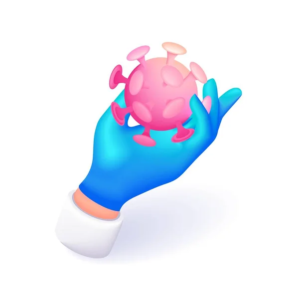 Isometric Illustration Cartoon Hand Blue Glove Holds Icon Terrible Virus — Stock Vector