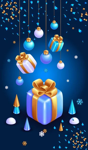 現実的な3Dアイソメトリックイラスト 円錐形の抽象的な黄金のクリスマスツリー 白い鹿 クリスマスボールがリボンにかかっている クリスマスカード チラシ 証明書 ポスター — ストックベクタ