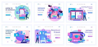 Online eğitim iniş sayfaları koleksiyonu. İnsanlar uzaktan öğrenim görüyor, kurslar, üniversite, kitaplar, internet üzerinden diploma. Çizgi film düz karakterleri.
