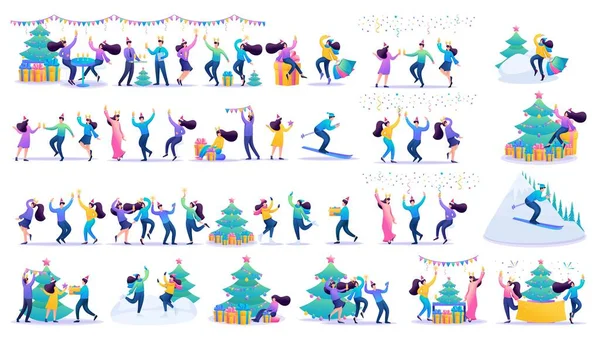 大组快乐圣诞的人们 以平淡的卡通风格出现的人物 庆祝圣诞 配备礼物 圣诞树和跳舞的人 — 图库矢量图片