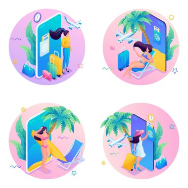 Modern isometric. Set of 3D illustration for website. Vacation at the sea. The girl plans her vacation online, booking hotels and air tickets.