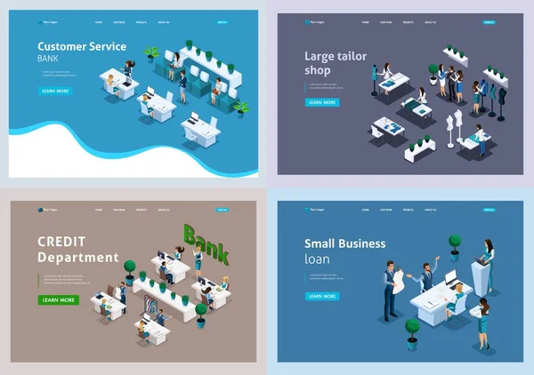 Isometric Set Illustration Landing Pages Customer Service Bank Work Sewing — Archivo Imágenes Vectoriales