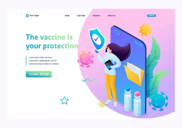 Modern Isometry Illustration Young Nurse Protection Vaccine Your Protection Online — ストックベクタ