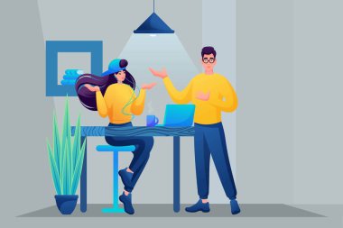 Genç programcılar projeyi tartışıyorlar. Bağımsızların İşbirliği. Ortak çalışma, uzaktan çalışma. Web tasarımı kavramı.