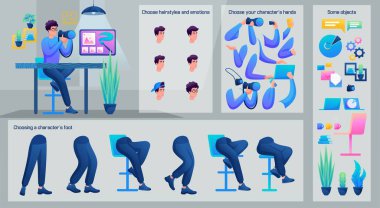 Tarz sahibi iş karakteri, erkek fotoğrafçı. Animasyon için hazır. Animasyon Karakteri yaratmak için Vücut Parçalarını Ayır. Duygular, Saç Tarzları, Eller ve Ayaklar.