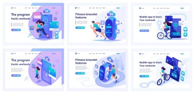 Set of landing pages about a healthy lifestyle. Isometric 3D and 2D illustrations. Group of people are testing a fitness bracelet and a mobile application. Speed, Strength, Pulse, Distance.