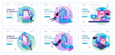 Çevrimiçi öğrenme üzerine bir dizi iniş sayfası. Isometric 3D ve 2D illüstrasyonlar. Video dersleri, online kitap okumak, dersleri izlemek, ödev yapmak, geri bildirim..