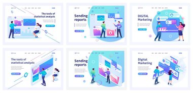 Set of landing pages about testing programs and mobile applications. Isometric 3D and 2D illustrations. Programmers, developers of mobile applications.