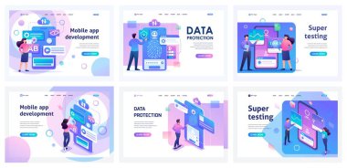 Set of landing pages for working with mobile app. Isometric 3D and 2D illustrations. Creating an application, Super Testing, mobile app development.