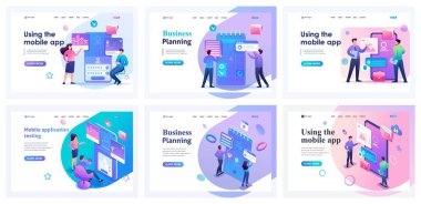 Set of landing pages about testing mobile applications. Isometric 3D and 2D illustrations. Programmers, developers of mobile applications.
