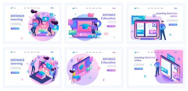 Çevrimiçi öğrenme üzerine bir dizi iniş sayfası. Isometric 3D ve 2D çizimler. Video dersleri, internetten kitap okumak, ödev yapmak, geri bildirim, diploma almak..