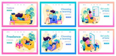 Set of landing pages about self-isolation. Isometric 3D and 2D illustrations. The girl works at home, freelancer, online training.
