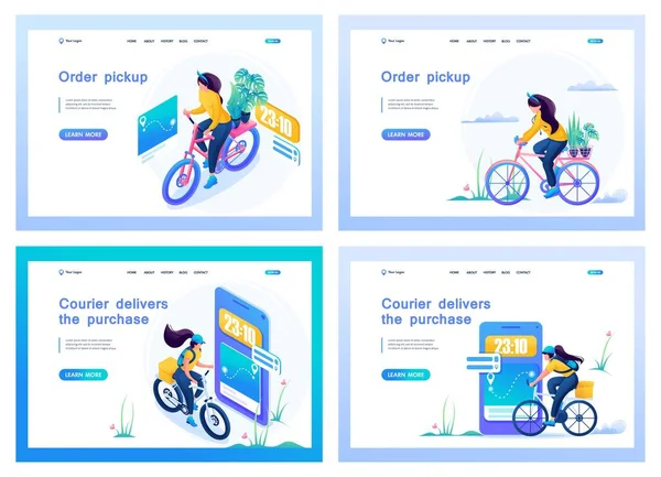 Set Landing Pages Delivery Isometric Illustrations Young Girls Work Couriers — Stock Vector
