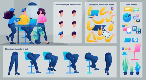 Stylized Character, Male director of the creative group. Set for Animation. Use Separate Body Parts to Create An Animated Character. Set of Emotions, Hairstyles, Hands and Feet.