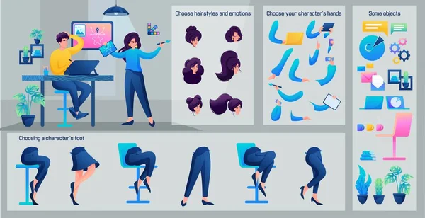 Stylized Character Girl Creative Team Set Animation Use Separate Body — ストックベクタ