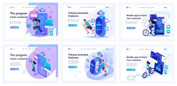 Set Landing Pages Healthy Lifestyle Isometric Illustrations Group People Testing — Archivo Imágenes Vectoriales