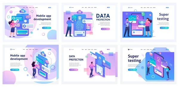 Set Landing Pages Working Mobile App Isometric Illustrations Creating Application — Stock vektor